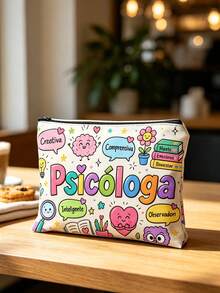 1pc Fun Cartoon Style Psychologist Print Makeup Bag, Pouch With Cute Psychology Theme Icons,Makeup Bag, Small Pouches, Coin Purses, Pencil Cases, Clutches,Multi-Functional Storage Bag, Ideal For Daily Toiletries And Travel - Multicolor - View 6