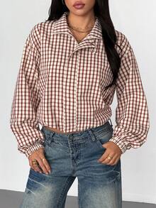 Women's Spring/Autumn Thin Red Plaid Zip-Up Mock Neck Shirt, Long Sleeve Loose Button Cuff Blouse, Preppy Style Casual Shirt - Light Brown - View 4