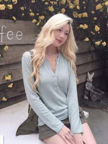 Minimalist Drape Half-Button V-Neck Thin Long Sleeve Knit Sweater - Mint Blue - View 1