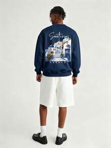 Men's Spring/Autumn Minimalist Architectural Print Letter Crew Neck Long Sleeve Sweatshirt And Shorts Casual Set - Navy Blue - View 1