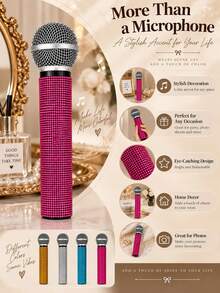 1pc Realistic Rhinestone Microphone Prop, Glossy Microphone Decor For Home Bar, Party Gift, Speech Practice Prop - AA - View 4