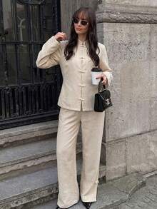 Women's Apricot 2 Pieces Set Non-Stretch Stand Collar Frog Button Long Sleeve Top & Wide Leg Pants Casual Outfit - Apricot - View 1