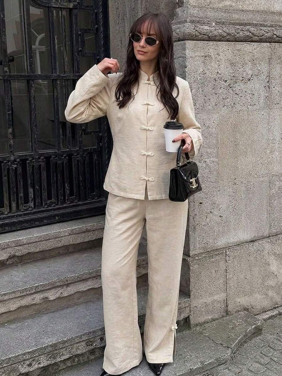 Women's Apricot 2 Pieces Set Non-Stretch Stand Collar Frog Button Long Sleeve Top & Wide Leg Pants Casual Outfit - Apricot - View 1