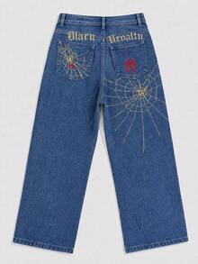 Blue Loose Wide Leg Embroidered Denim Jeans, Street Style Spider Web Embroidered Straight Wide Leg Denim Jeans, Retro Daily Commute Wide Leg Jeans - Blue - View 3