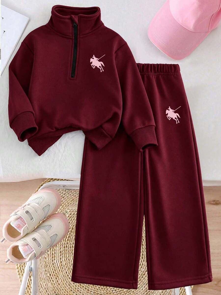 Tween Girl Cartoon Pattern Solid Color Sweatshirt & Pants Set, Minimalist Design, Comfortable For Spring, Autumn, Winter, 2 Pieces Set - Burgundy - View 1