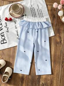 Baby Girl Autumn Color Block Elegant Fashion Blue & White Striped Lace Patchwork Wide Leg Long Pants Casual Vacation Basic Soft Comfortable Spring Pants - Baby Blue - View 6