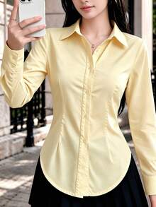 Women's Slim Fit Button Down Shirt Long Sleeve Waist Pleated Collared Blouse Business Casual Curved Hem Work Office Tops - Yellow - View 3