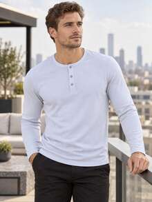 Men's Henley Collar Long Sleeve T-Shirt, 3-Button Placket Slim Fit Base Layer, Elastic Soft Casual Undershirt, Spring/Autumn Daily Wear, Commuting, Premium Fabric - White - View 1