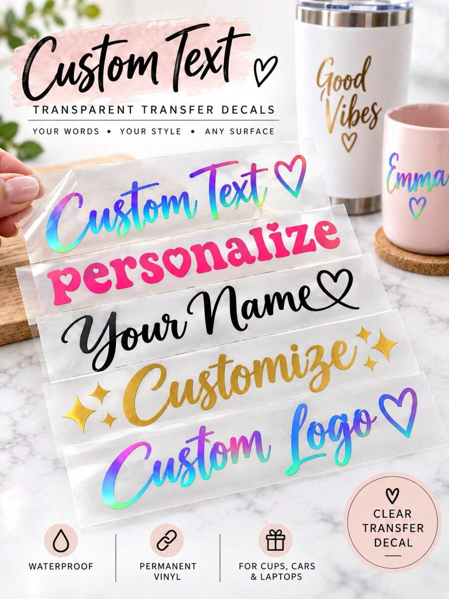 Custom Text Vinyl Transfer Stickers, Personalized Name, Word Or Quote Vinyl Stickers, Suitable For Cups, Tumblers, Mugs, Water Bottles, Laptops, Cars And Mirrors Surfaces - Multicolor - View 1