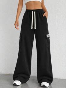 Women's Black Wide Leg Cargo Sweatpants With Elastic Drawstring Waist And Side Pockets, Casual Pants For Everyday Wear - Black - View 8