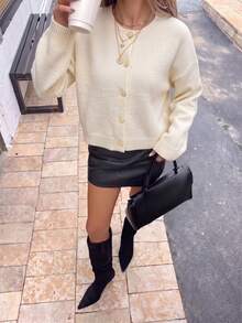 Women's Autumn/Winter Fashion Knit Cardigan, Minimalist Solid Color Loose Round Neck Drop Shoulder Long Sleeve Casual Home Daily Basic Sweater Jacket - Apricot - View 4