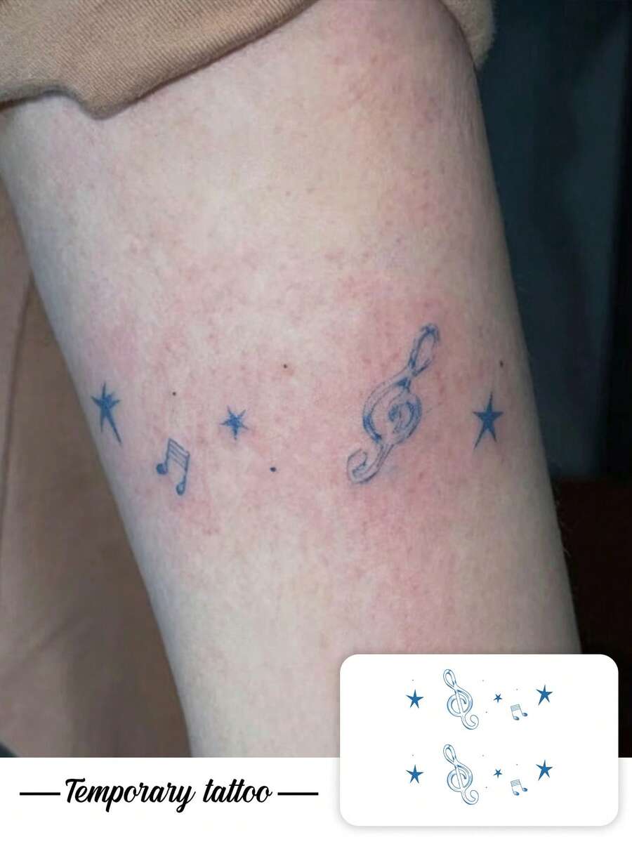 1pc Temporary Tattoo, Blue Music Note & Star Pattern, Realistic Fake Tattoo Design, For Daily, Bachelorette Party Favors, Music Festival, Game, Graduation Gift, Lasts 3-5 Days - Blue - View 1