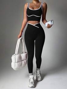 Women 2Pcs Yoga Set, Contrast Trim Crop Tank & Crisscross High Waist Leggings, Tummy Control Butt Lift Soft Stretch Outfit For Fall Winter Christmas - Black - View 1