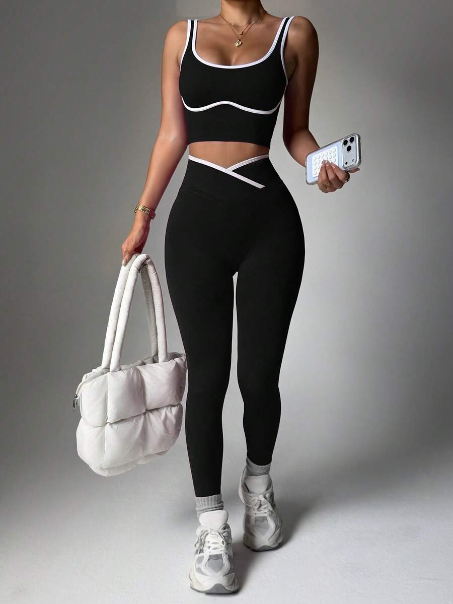 Women 2Pcs Yoga Set, Contrast Trim Crop Tank & Crisscross High Waist Leggings, Tummy Control Butt Lift Soft Stretch Outfit For Fall Winter Christmas - Black - View 1