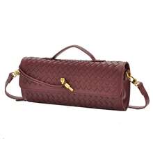 Women's Burgundy Woven Texture Long Clutch Bag, Gold Twist Lock Closure Slim Handle Evening Bag, Suitable For Parties - Multi-color - View 3