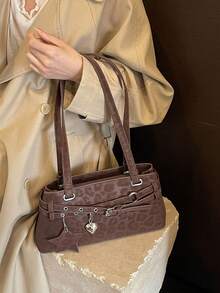 Shoulder Bag, Horizontal Body Design, Single Wide Strap, Body Decorated With Multiple Leather Buckles, Pendant Includes Heart And Five-Pointed Star Shapes. Body Features Printed Texture, Unique Style, Moderate Capacity, Can Store Personal Items, Versatile For Daily Outings. - Coffee Brown - View 3