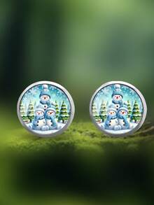 YUJUGLOW 1 Pair Christmas Cartoon Snowman & Christmas Tree Pattern 316 Stainless Steel Round Stud Earrings, Suitable For Women's Daily Wear - Baby Blue - View 6