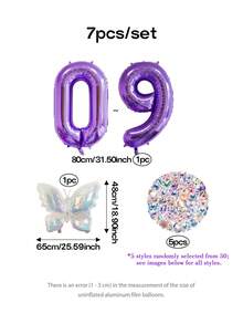 7pcs Butterfly Theme Birthday Party Decoration Balloon Set, 32-Inch Purple Number 0-9 Balloons, Colorful Butterfly Shaped Laser Balloons, 5pcs Butterfly Shaped Stickers (Random Style), Baby Shower, First Birthday, Baptism - View 2
