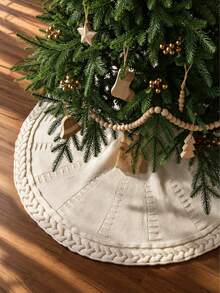 1pc Cream White Cable Knit Christmas Tree Skirt With Braided Trim And Geometric Textured Pattern, Round Tree Base Cover, Suitable For Farmhouse Country Style Holiday Home Decor, Christmas Decoration And Winter Room Arrangement - White - View 7