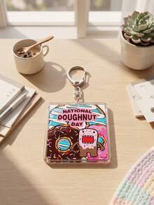 1pc/6pcs Domo Fun Pop Art Graphic Aesthetic Acrylic Keychains, Featuring "BOOM!!!" Explosion Expression Close-Up, Cardboard Box & Rainbow "IMAGINATION", "NATIONAL DOUGHNUT DAY" With Donut Head, And Riding Green T-Rex - Multicolor - View 12
