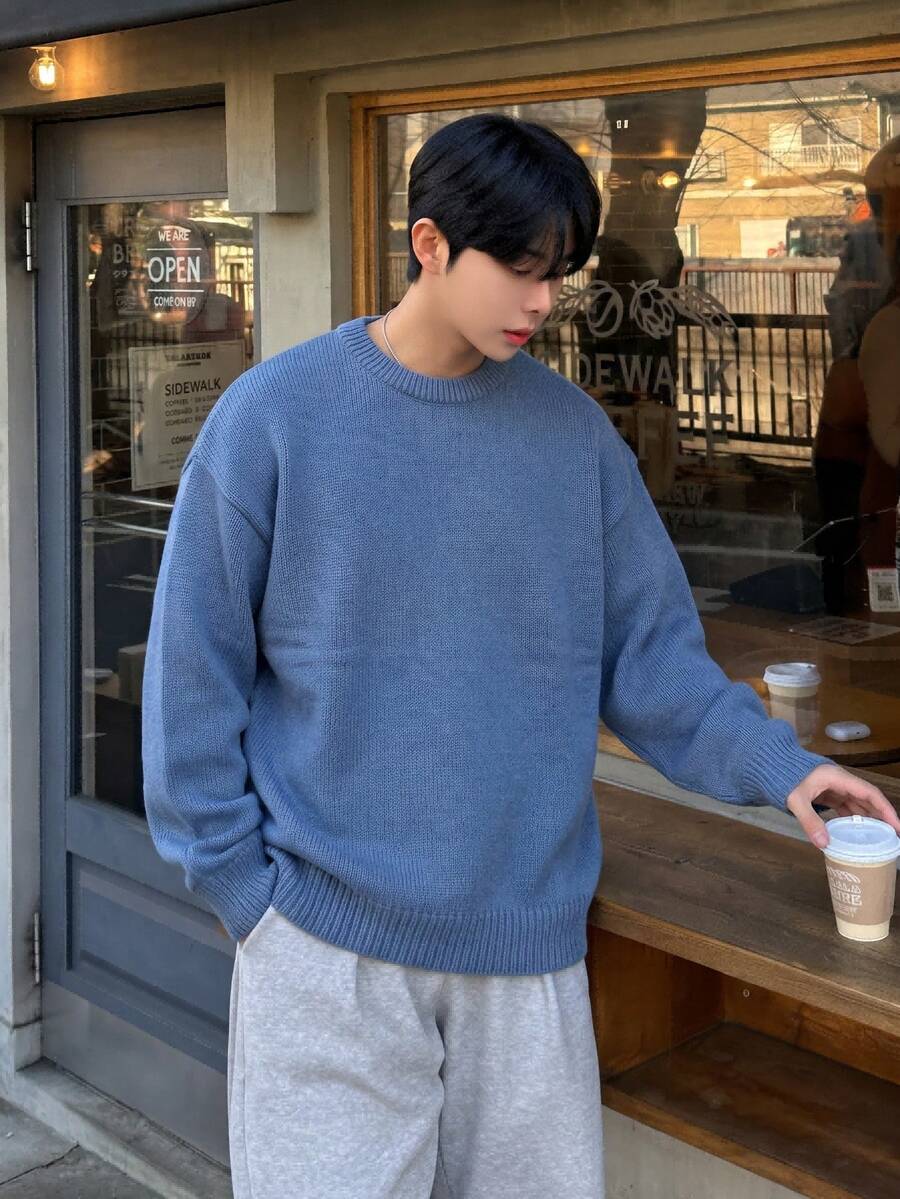 Men's Casual Loose Fit Solid Color Pullover Sweater, Streetwear American Style, Round Neck, Long Sleeve, Versatile, Autumn/Winter - Royal Blue - View 1