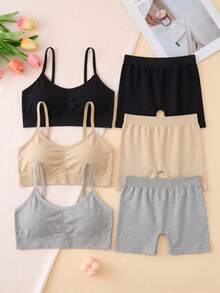 3-delars set för flickor, basic enfärgat underklädesset med sömlös mjuk och bekväm bralette och shorts, baslager för höst och vinter, vardagsbruk - Multifärgad - Visa 3