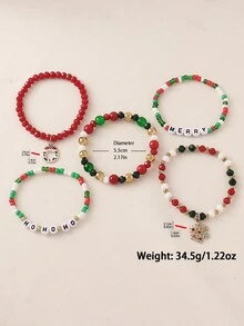 5pcs Christmas Red & Green Contrast Christmas Tree Snowflake Pendant Seed Bead Layered Bracelet Set, Women's Holiday Party Gathering Wear, Family Gift - Multicolor - View 3