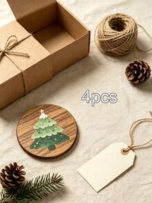 1/4/8pcs Christmas Tree Wooden Coasters, Round Wooden Drink Coasters, Hand-Painted Christmas Tree Pattern, Heat-Resistant And Absorbent, Suitable For Coffee, Tea Cups, Winter Holiday Table Decor, Perfect Gift, Suitable For Dining Table Or Bar - Multicolor - View 14