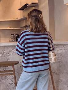 Women's Colorblock Striped Knit Cardigan, Basic Minimalist Knitwear, Autumn Outfit, Casual Style, Basic Outfit, Office Wear - Blue - View 8