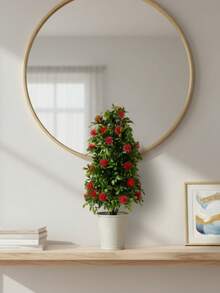 1PC Artificial Christmas Tree Potted Plant With Red Flowers, 17.7 Inch Artificial Evergreen Shaped Tree With White Pot, Holiday Home Indoor Desktop Decor Artificial Greenery - Red Green - View 6