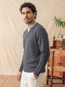glestore Men's Vintage "Old Money Style" Colorblock Collar Knit Sweater, Versatile For Daily Commute - Dark Grey - View 3