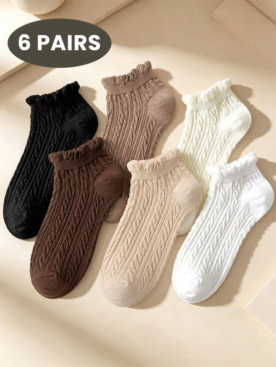 6 Pairs Women's Ruffle Ankle Socks, Cute Twisted Design, Solid Color Low-Cut Socks, Spring/Summer Thin Short Socks - Multicolor - View 1