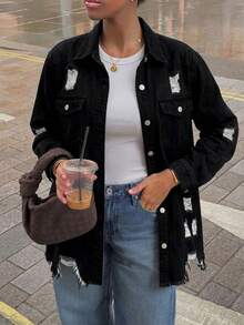 Women's Distressed Denim Shirt Jacket Outerwear - Black - View 1