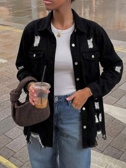 Women's Distressed Denim Shirt Jacket Outerwear
