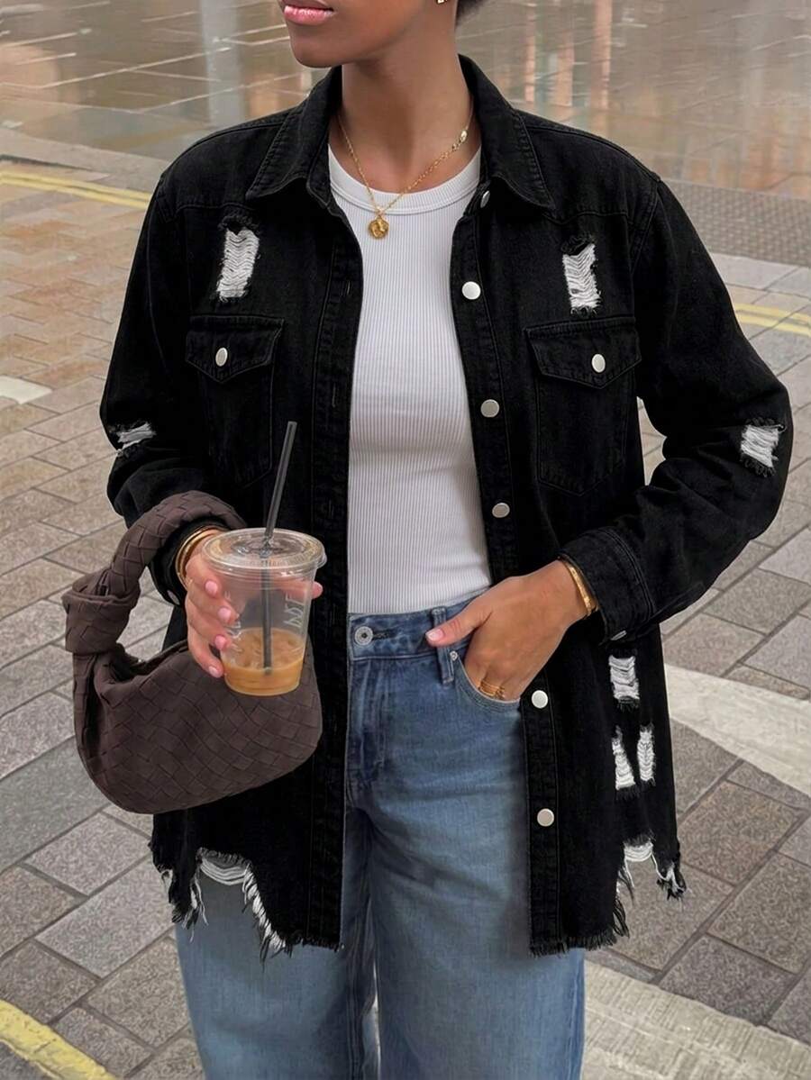 Women's Distressed Denim Shirt Jacket Outerwear - Black - View 1