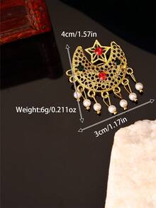 1Pc Vintage Gold Hollow Moon & Star Hair Clip, Colorful Rhinestone Pearl Tassel Barrette, Hair Accessory For Women Wedding Banquet - Gold - View 4