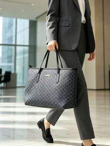 男士字母印花托特包，大容量商務單肩包，經典圖案通勤辦公手提包，適合日常通勤與旅行 - 黑色 - 查看 5