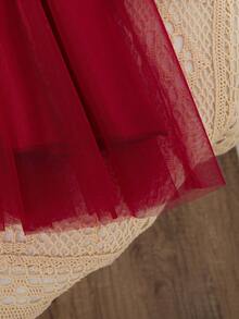 Baby Girls Fall Dress, Valentine's Day Solid Color Jacquard Square Neck Gigot Sleeve Top With Mesh Princess Skirt And Bow Decor - Burgundy - View 8