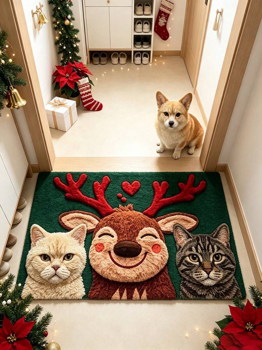 1pc Deer & Cat Doormat, Door Mat, Small Rug, Welcome Mat, Carpet, Floor Mat, Outdoor Doormat, Kitchen Rug, Home Decor, Front Door Mat, Area Rug, Outdoor Mat, Home Decor - Multicolor - View 1