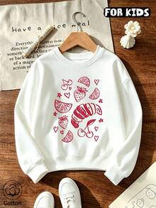 Girls Cute Line Drawing Fruit Croissant Print Crew Neck Sweatshirt, Kids Casual Long Sleeve Fleece Pullover - White - View 10