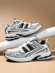 1 Pair Contrast Color Retro Chunky Sneakers Casual Sports Running Shoes Mesh Breathable Comfortable Shock-Absorbing Soft & Bouncy - Silver - View 1