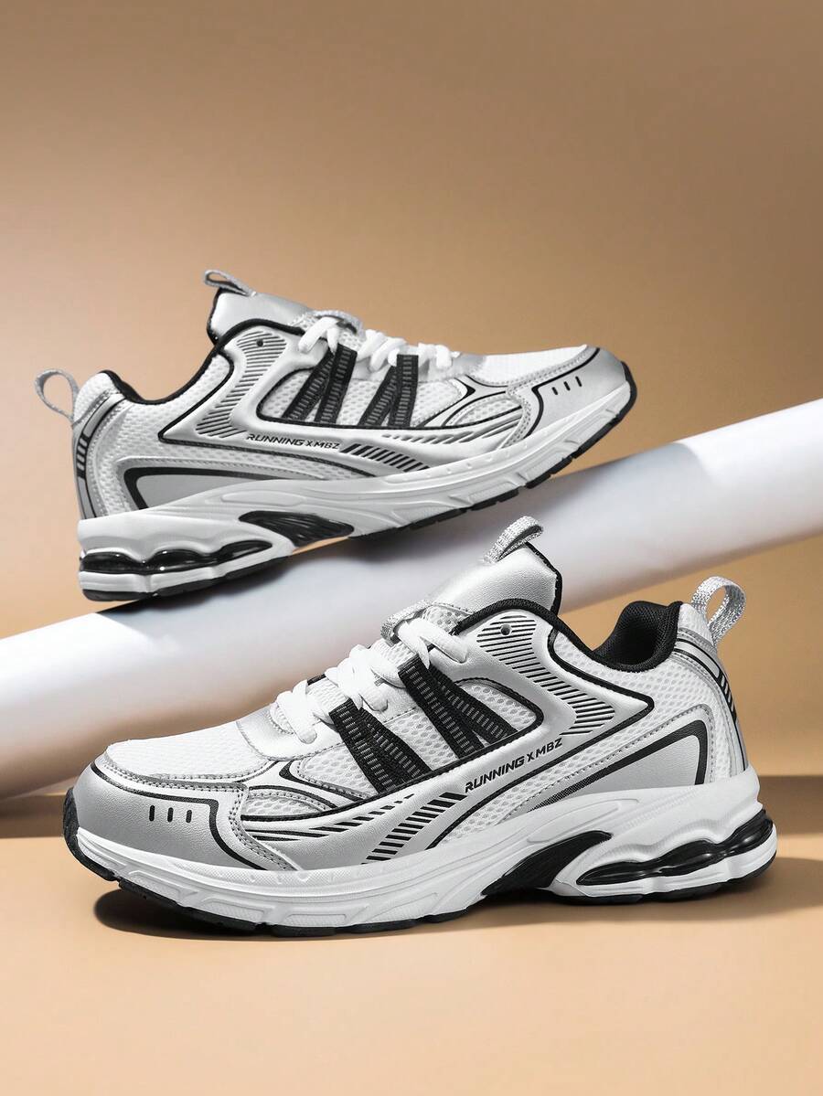 1 Pair Contrast Color Retro Chunky Sneakers Casual Sports Running Shoes Mesh Breathable Comfortable Shock-Absorbing Soft & Bouncy - Silver - View 1
