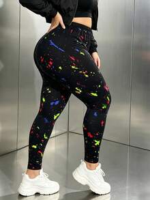Legging Hitam Ukuran Plus Wanita, Celana Ketat Elastis Modis dengan Motif Percikan Warna-warni, Celana Yoga Pelangsing Pengangkat Bokong dan Pengontrol Perut, Cocok untuk Squat Dalam, Kebugaran, Aktivitas Luar Ruangan, Liburan, Perjalanan, Jalan Santai, Panjang 9/10 - MultiWarna - View 5