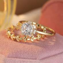 DIYCCPC Women's Gold 2 Pieces Stackable Bridal Ring Set, Leaf & Vine Design, Round Cubic Zirconia Solitaire Ring With Floral Accent Stones And Textured Wedding Band - Two-color - View 5