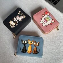 Cat Print Card Holder, Lightweight Fashionable Women's Wallet, Suitable For Daily Use, Double Zipper Mini Wallet/Coin Purse/Card Holder - Multicolor - View 4