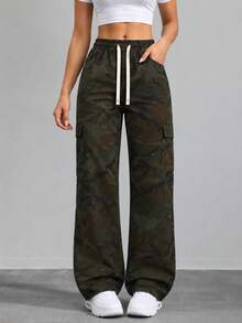 AODSR Women's Camo Cargo Pants Elastic Drawstring Waist Side Flap Pocket Relaxed Straight Leg Casual Streetwear Trousers - Army Green - View 7