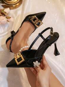 1 Pair Women's High Heel Pumps/Sandals, Versatile For Spring/Autumn, Sexy Fashion Glamorous Style, Solid Color PU With Pure Metal Decor, Suitable For Wedding, Office, Party, Spring/Summer/Autumn/Winter, 1 Pair High Heel Sandals, Solid Color Mirror PU Material + Gold Square Buckle Decor, Lace-Up Design, Pointed Toe Stiletto High Heel Elegant Wedge Sandals, Suitable For Party, Shopping, Travel, Vacation, Outdoor Wear, Summer New Style (Runs Small By One Size) - Black - View 2