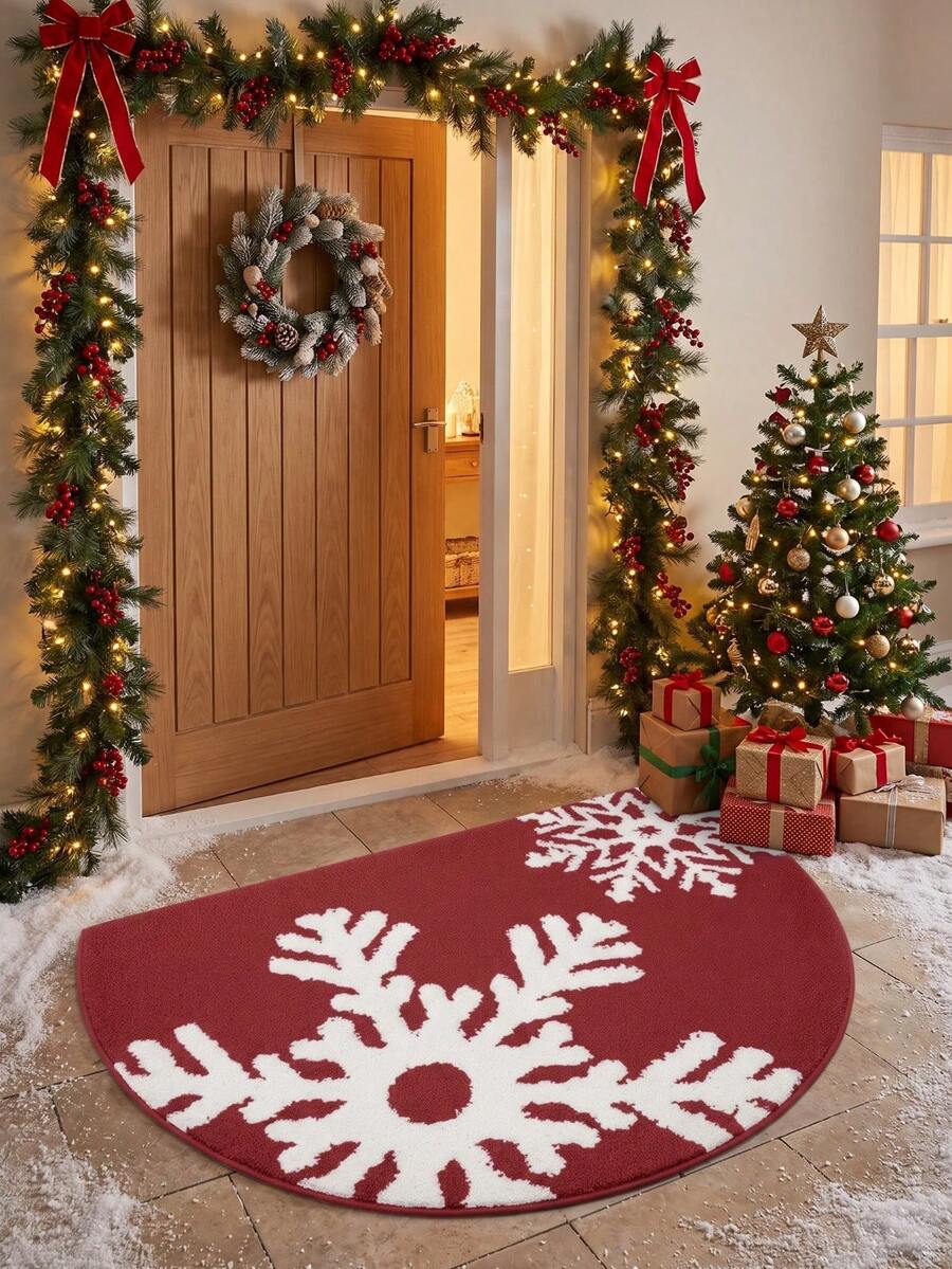 Velvet 900g+8mm 2D Flat Christmas Snowflake Entryway Rug, Christmas Atmosphere Living Room Sofa Coffee Table Carpet, Ins Cream Style Balcony Kitchen Mat Home Use Washable Bathroom Non-Slip Floor Mat, Home Decor Rug, Holiday Mat - A - View 1