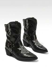 weiweiting Vintage European And American Style Black Pointed Toe Embroidered Western Cowboy Boots For Women, 2026 Autumn/Winter New Arrival Rivet Belt Buckle Chunky Heel Ankle Boots For Holiday - Black - View 12