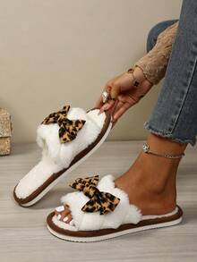 Girl Style Leopard Print Bow Plush Open Toe Fuzzy Slippers For Indoor Home Use - Brown - View 6